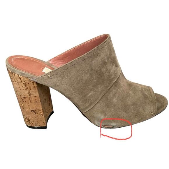 Bally Chiton Suede Cork Heeled Mules Fit Sz 6.5 Taupe Open Toe New w/ Small Flaw - Picture 12 of 12